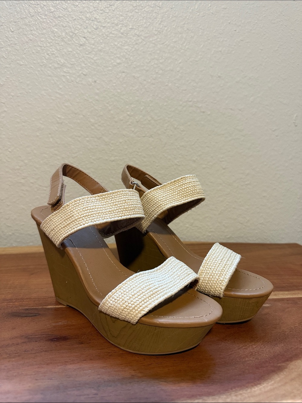 Qupid Cream Woven Platform Wedges with Tan Heel
